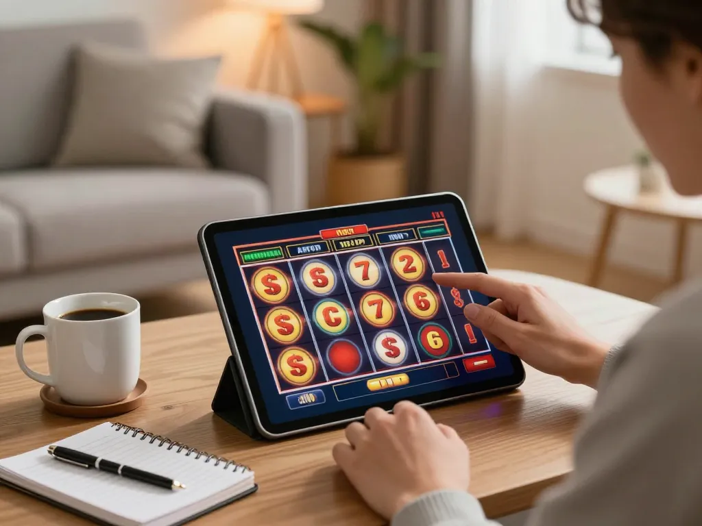 Engaging with slot gacor hari ini on a tablet in a cozy living room, enhancing game strategy.