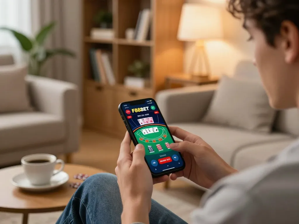 Player enjoying F88BET's blackjack game on mobile in cozy living room setting