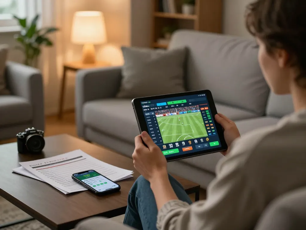 Engaging in online sports betting with kèo nhà cái displayed on tablet in cozy living room