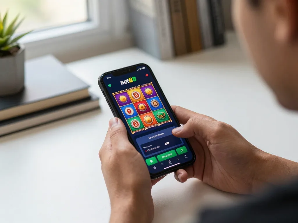 Engaging with net88 casino app on smartphone in cozy home setting.