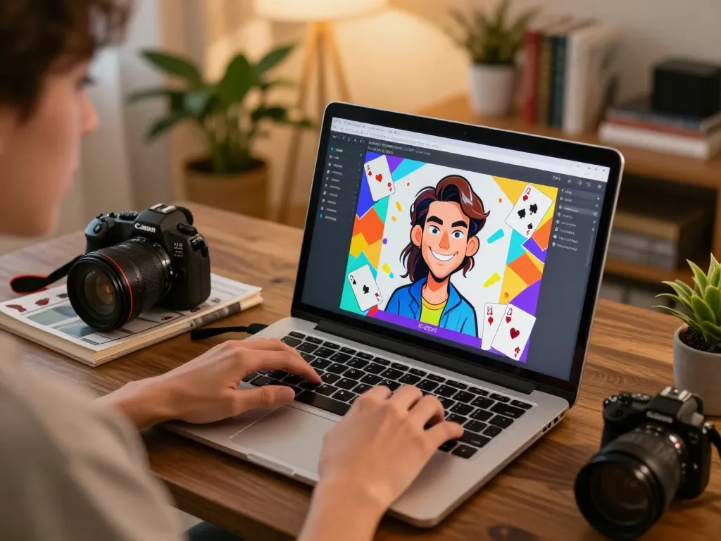 Creating a caricature ChatGPT on a laptop during online gaming in a cozy home setting