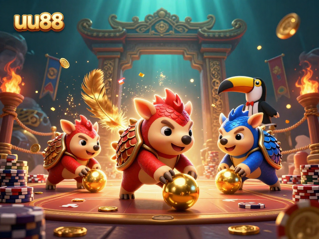 uu88 pangolins bowling through poker chips in a vibrant 3D casino scene