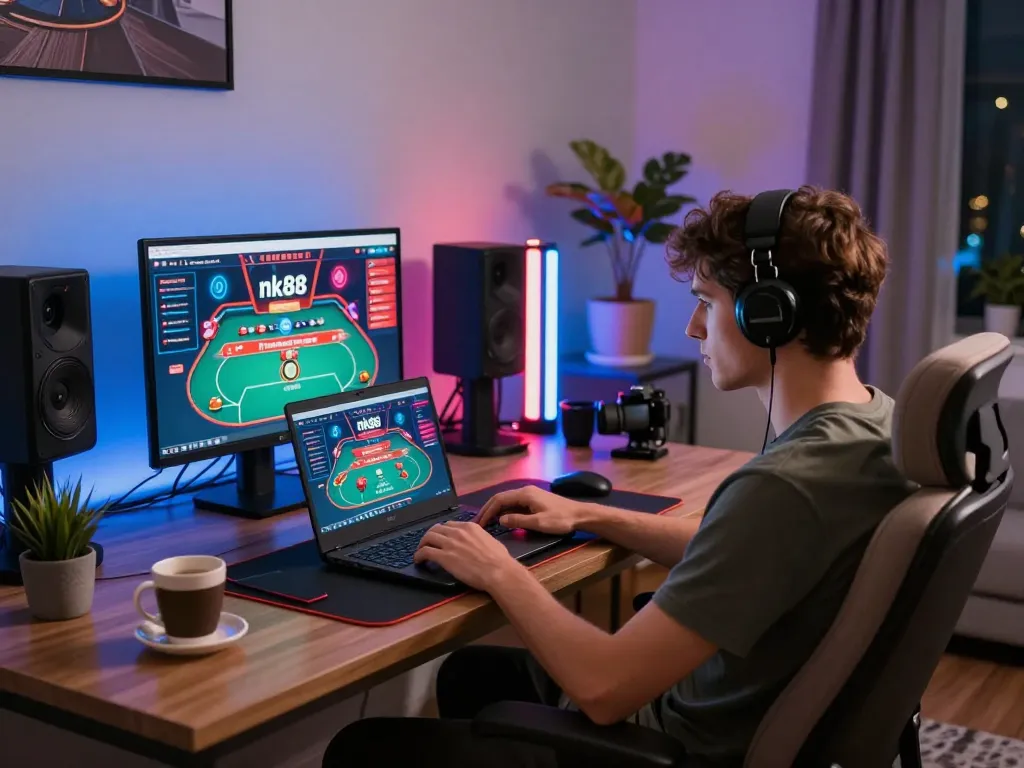 Navigating the nk88 online casino platform from the comfort of home, engaging in poker gameplay.