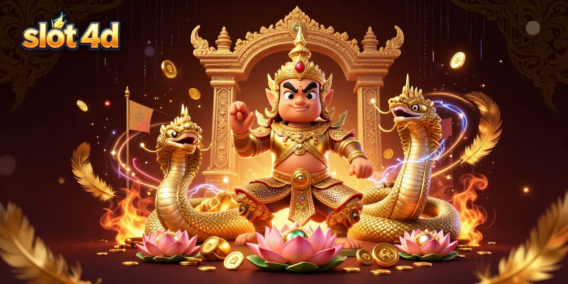 Experience the thrill of slot 4d with a vibrant 3D illustration featuring mythical guardians and dynamic game elements.