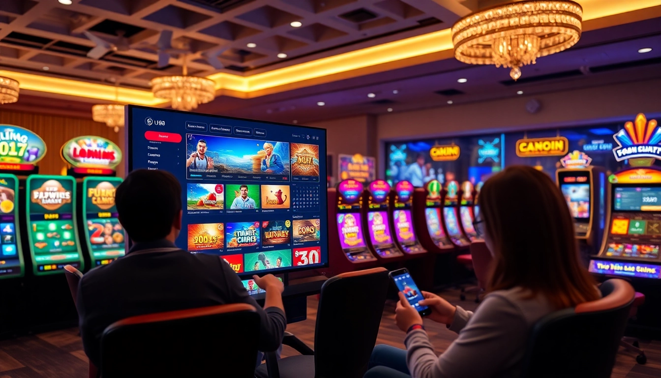 Engaging scene of players using the UU88 nhà cái online betting platform, featuring casino games and sports bets.