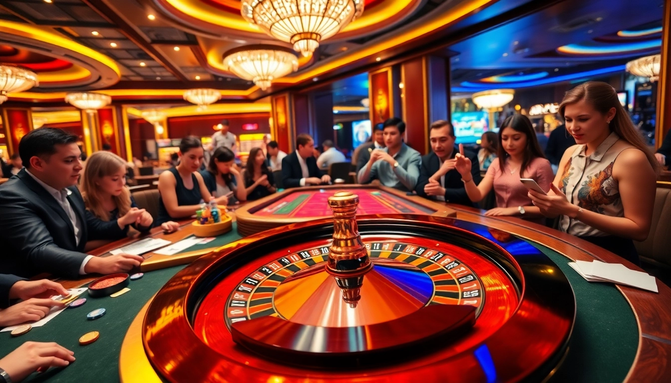 Players enjoying an exciting game at bro138 casino, featuring a lively roulette wheel and vibrant chips.