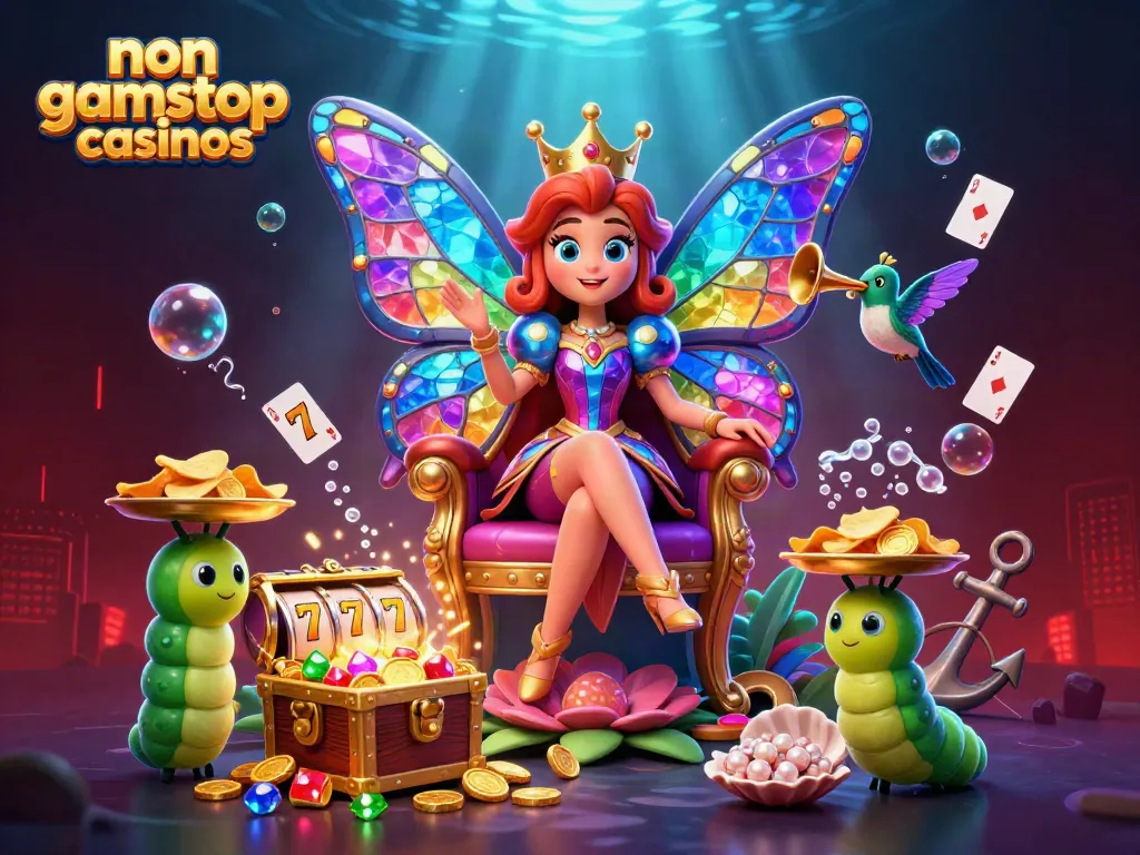 Experience the excitement of non gamstop casinos with vibrant characters and game elements in a dynamic scene.