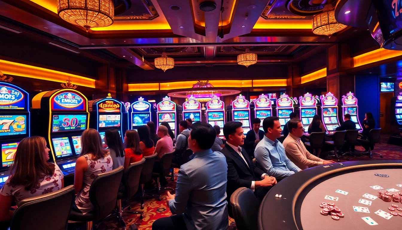 Engaging players at the vibrant slot apiraja88 machines in a luxurious casino.
