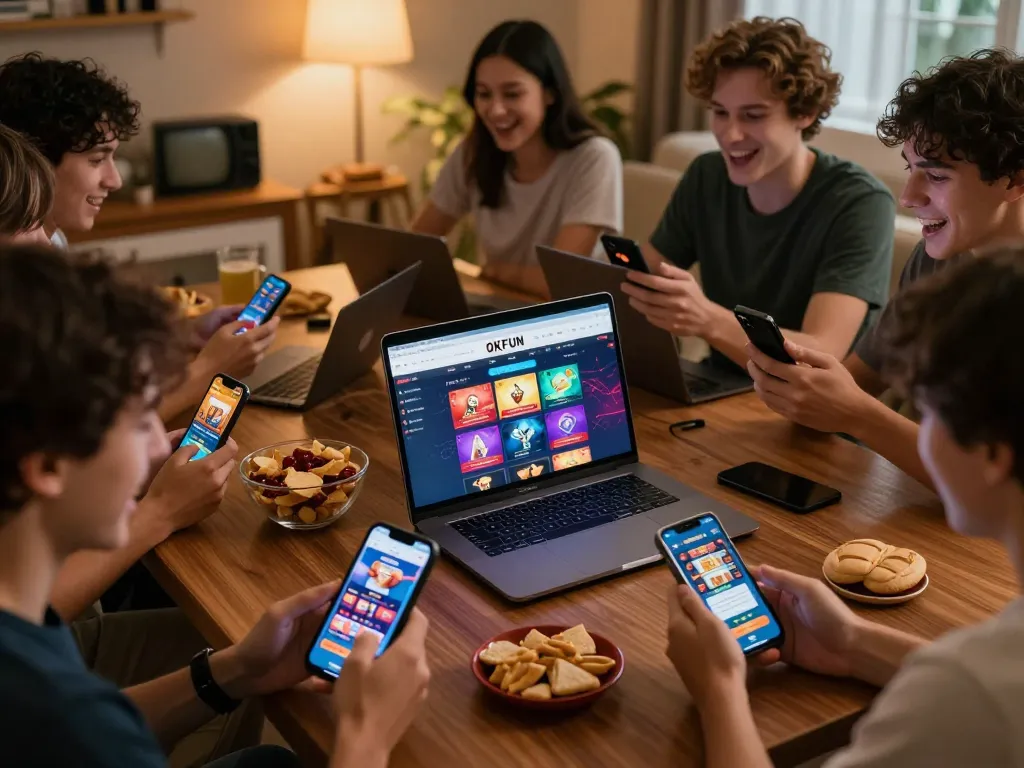 Players enjoying the OKFUN casino app on their devices while indulging in a cozy atmosphere