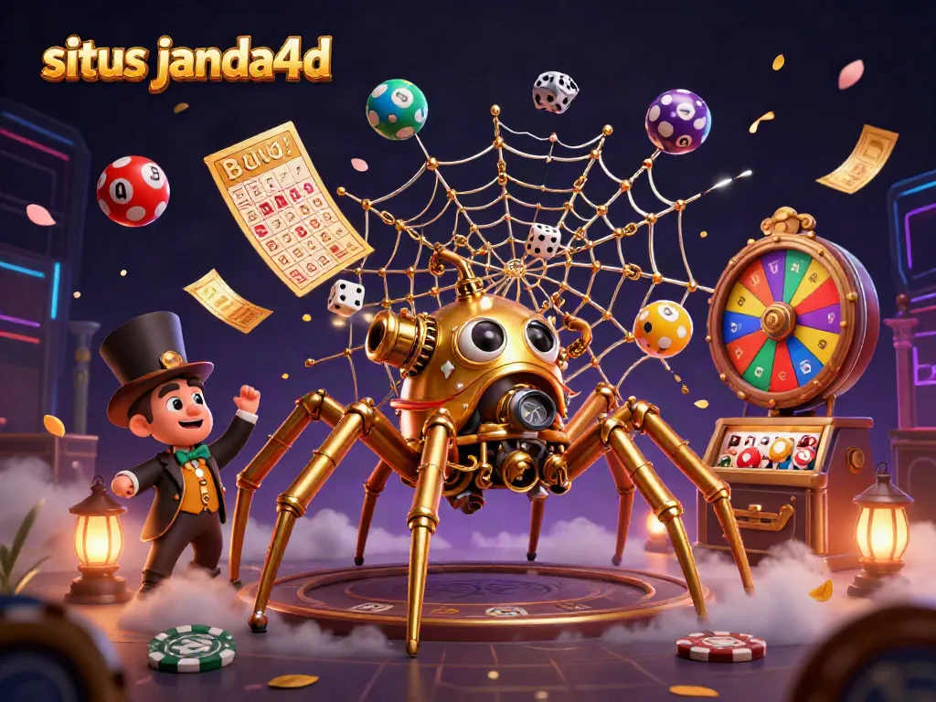 Visualisasi menarik situs janda4d dengan laba-laba steampunk dan elemen permainan kasino.