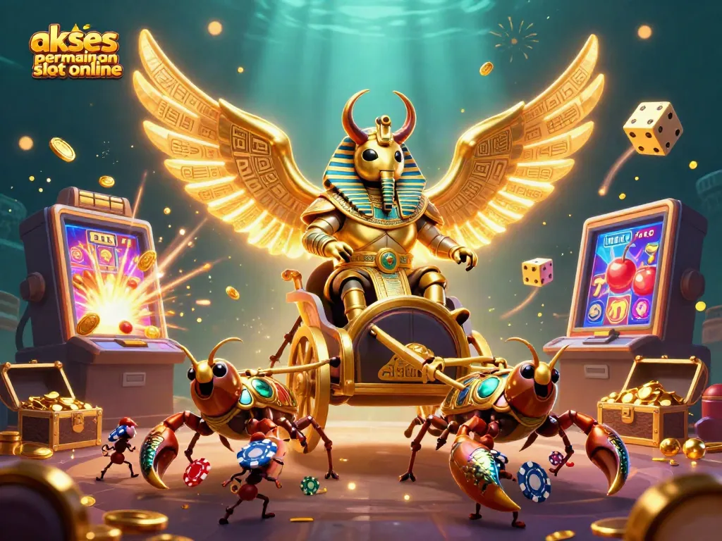 Akses permainan slot online dalam ilustrasi 3D menampilkan karakter mengesankan di lingkungan kasino.