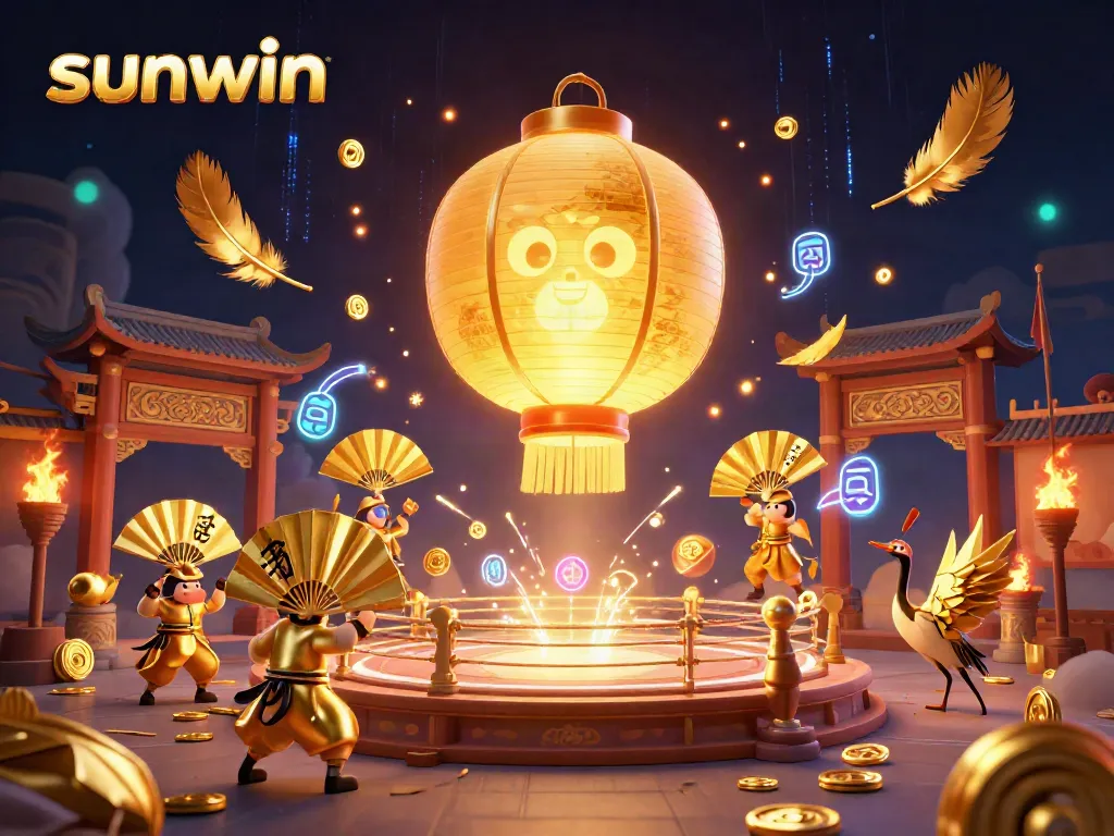Experience the vibrant spirit of sunwin with golden lanterns and casino symbols in this detailed illustration.