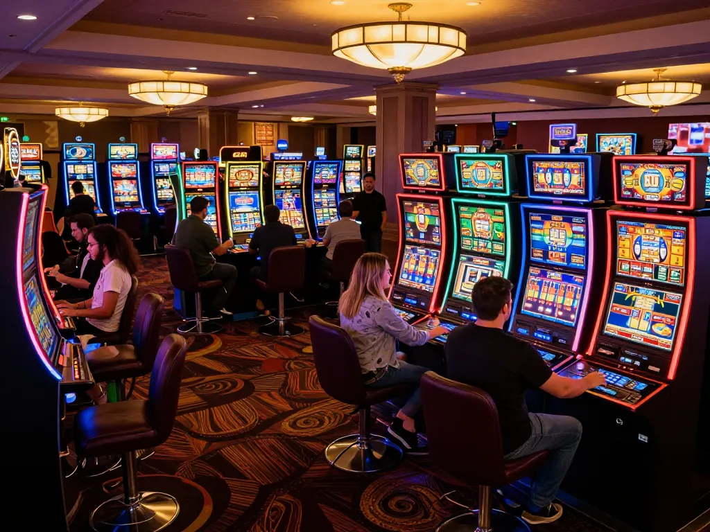 Players enjoying vibrant slot machines at GI8 casino, creating thrilling moments of excitement.