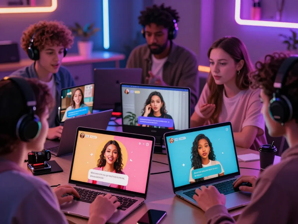 Interactive free ai sex chat environment with diverse users engaging with tailored avatars and chat interfaces.
