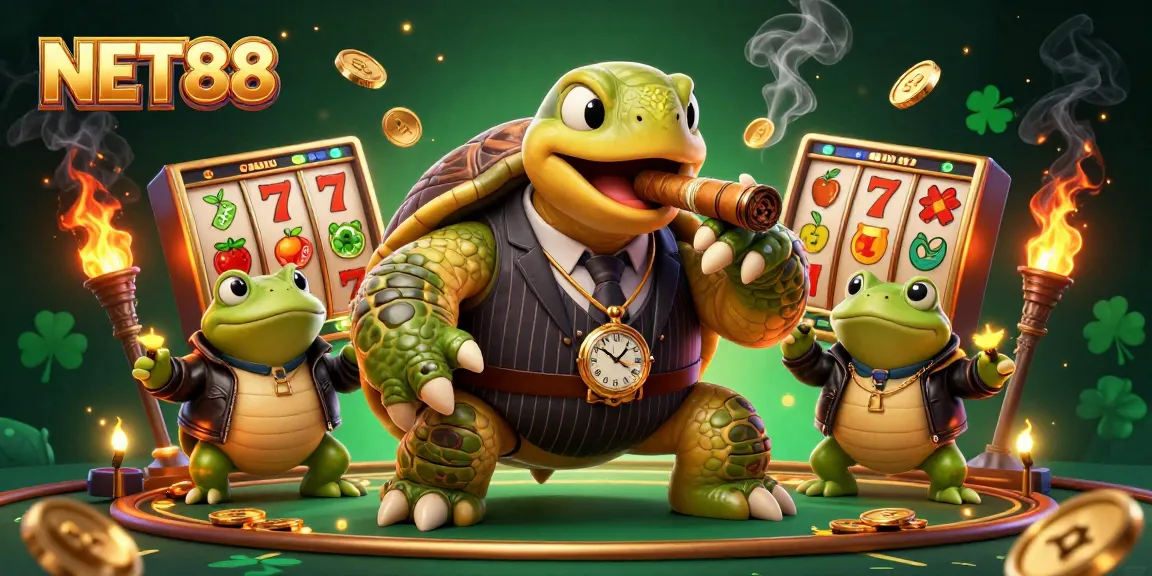 Experience NET88's vibrant casino adventure with a cartoon turtle, bullfrogs, and slot elements.