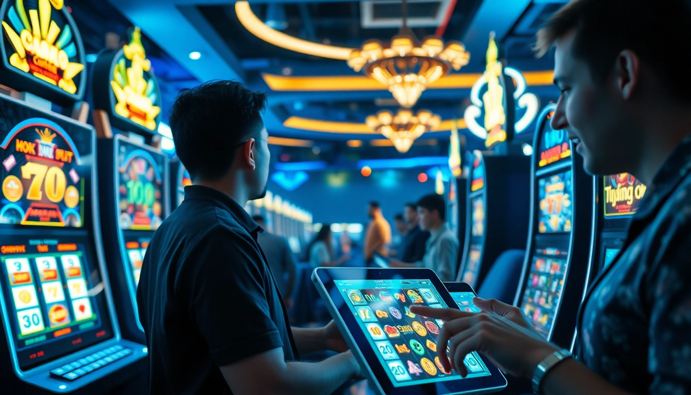 Exciting online casino scene showcasing hoki138 slot games with vibrant colors and players enjoying gameplay.