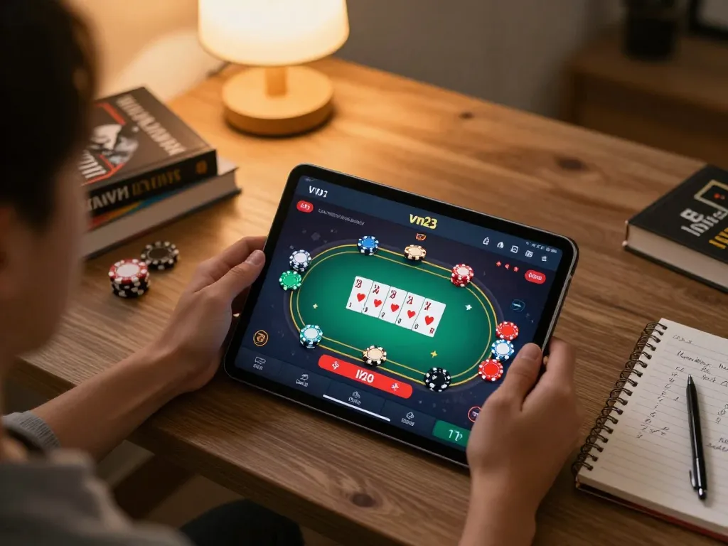 Engaging user exploring vn23 app for online gambling, featuring colorful poker game interface in cozy home setting.