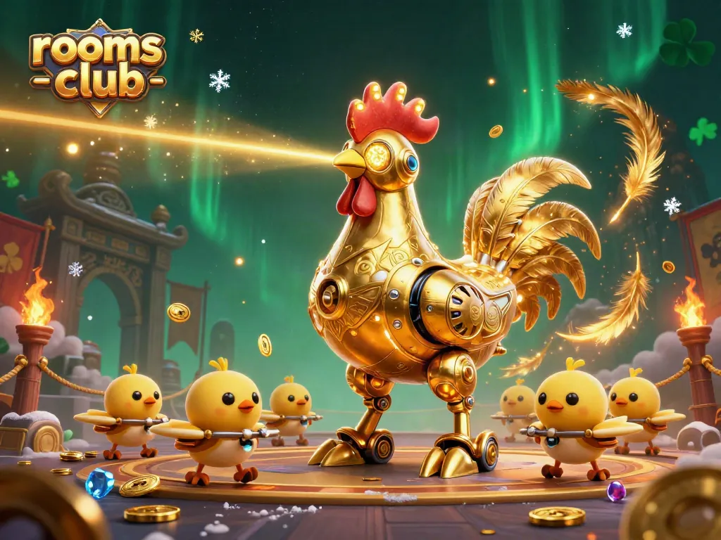 Rasakan keseruan permainan slot online dengan rooms-club, robot ayam emas futuristik memimpin drone anak ayam bertema kasino.