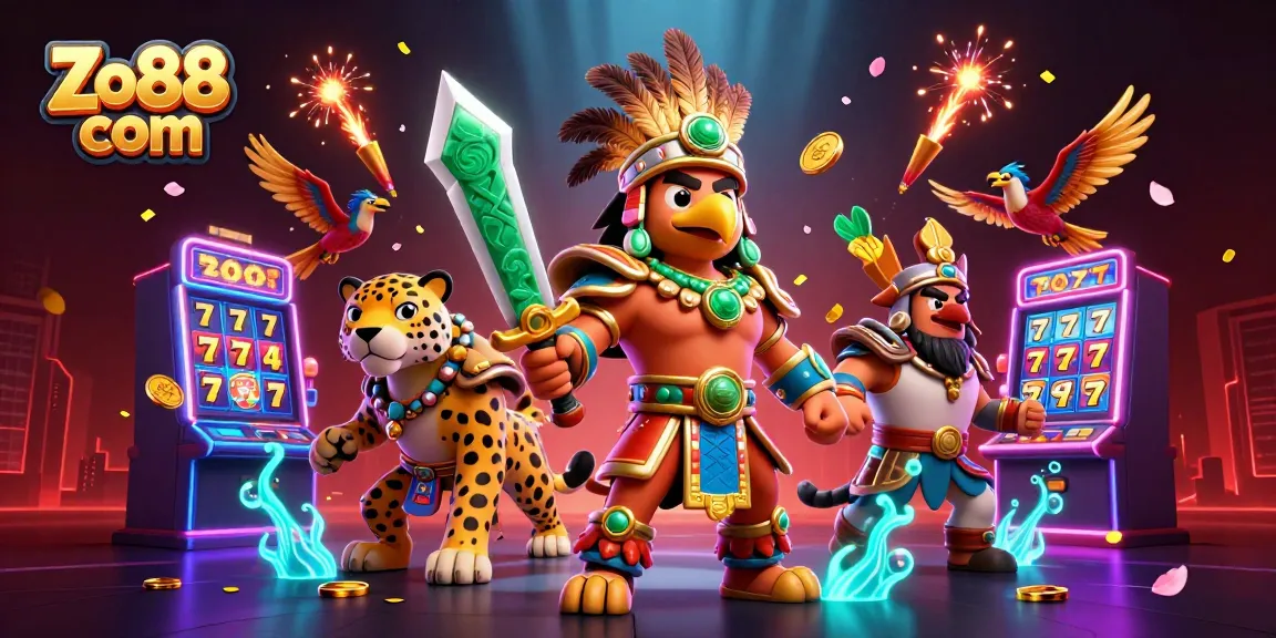 Experience exciting gaming action at Zo88 com with thrilling slot games surrounded by vibrant characters