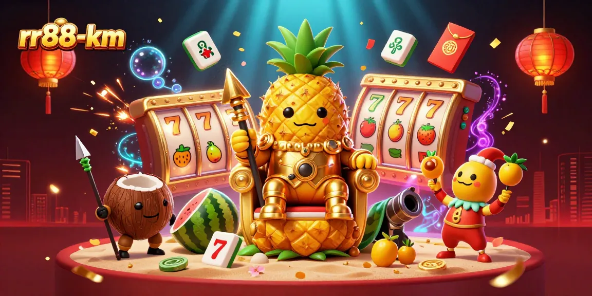 Engage with rr88-km as the golden pineapple king oversees a vibrant casino scene with animated slot reels and lucky symbols.