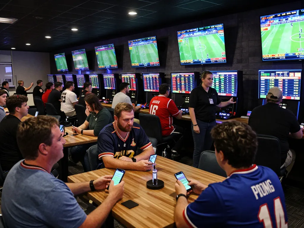 Spectators engaging with soi keo nha cai in a lively sports betting lounge, excited atmosphere and live odds displayed