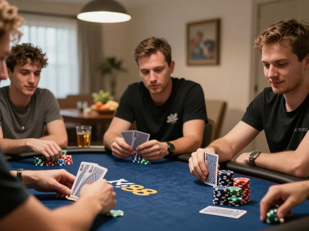 Players engaged in kp88 game, showcasing poker excitement and strategic gameplay in a cozy home setting.