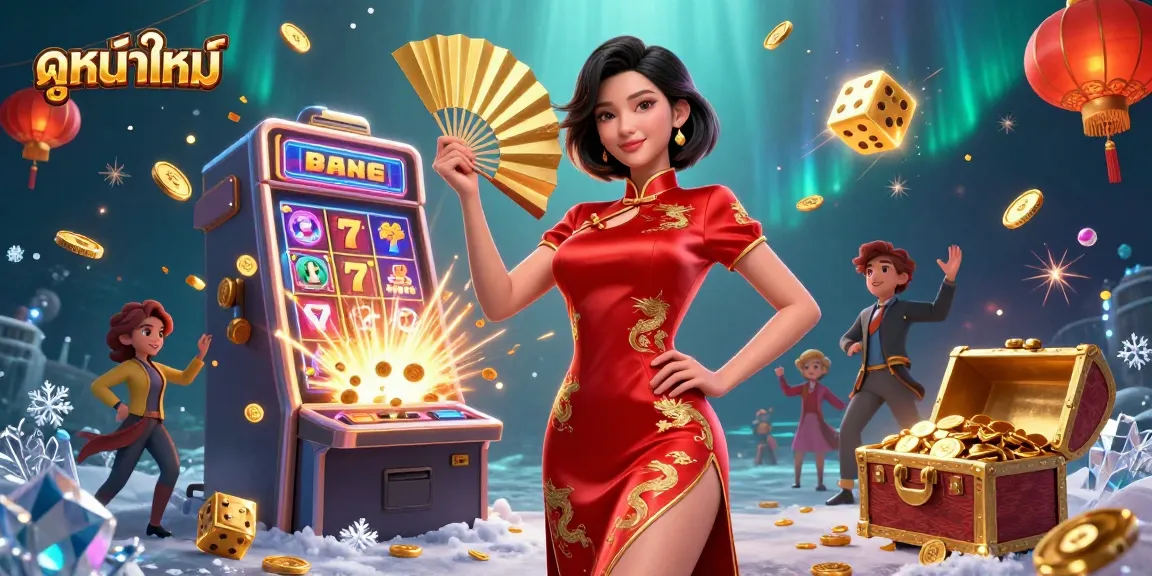 Play ดูหนังใหม่ with a stunning Asian woman in a dynamic casino scene, surrounded by gold coins.