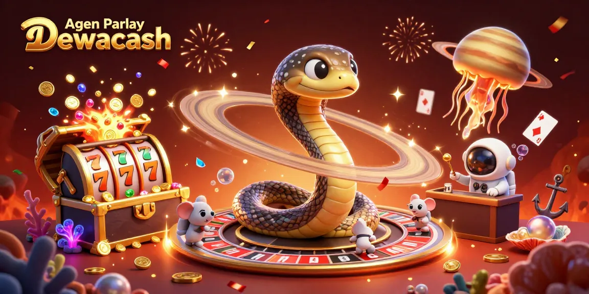 Agen Parlay Dewacash showcases immersive gambling with a 3D snake and spaceship-themed casino illustration.