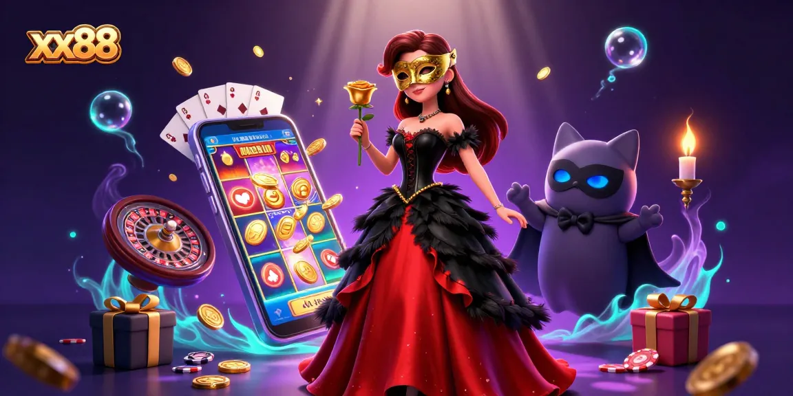 Spin to win with xx88, featuring vibrant casino elements like jackpots and thrilling characters.