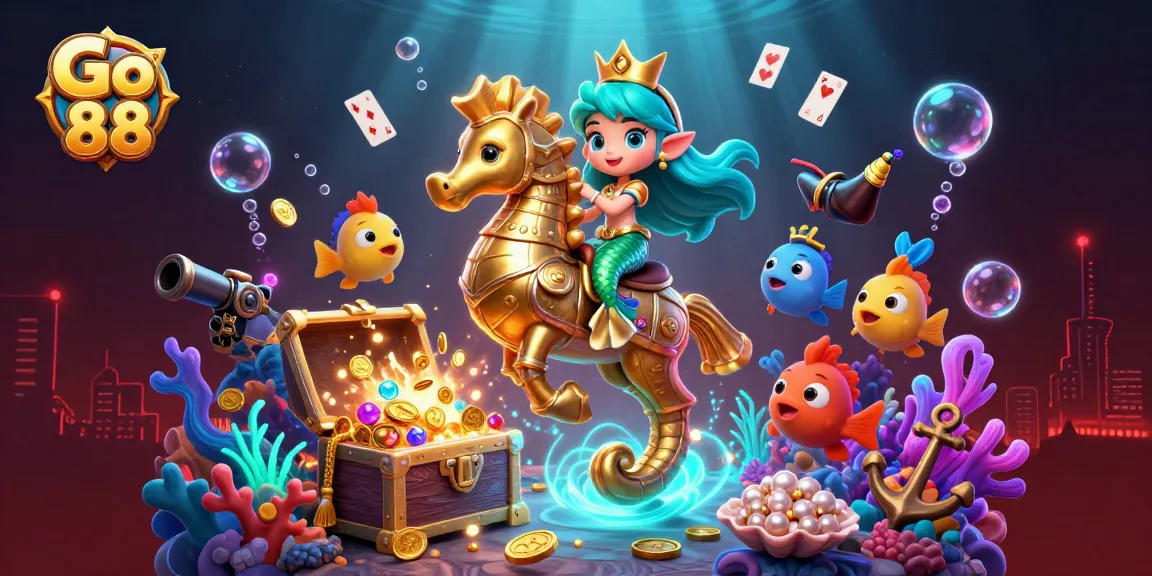 Engage in thrilling gaming experiences with Go 88's vibrant underwater illustration featuring mermaids and treasures.