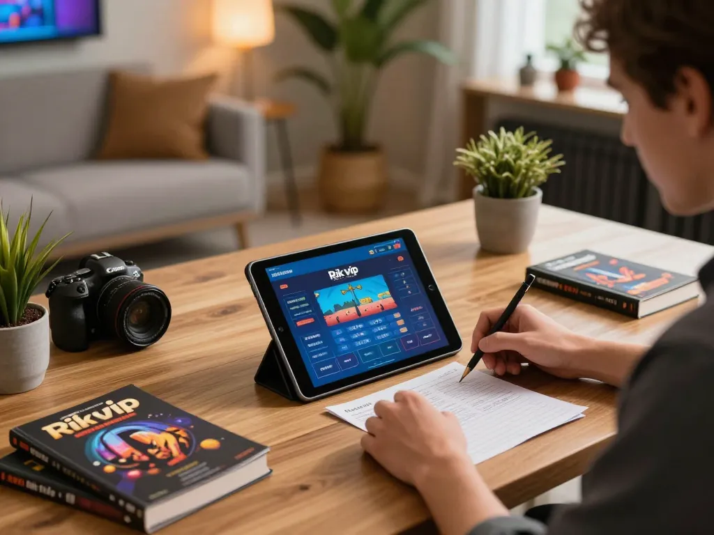 Player engaging with Rik vip app on a tablet, showcasing online gambling strategy in a cozy home.