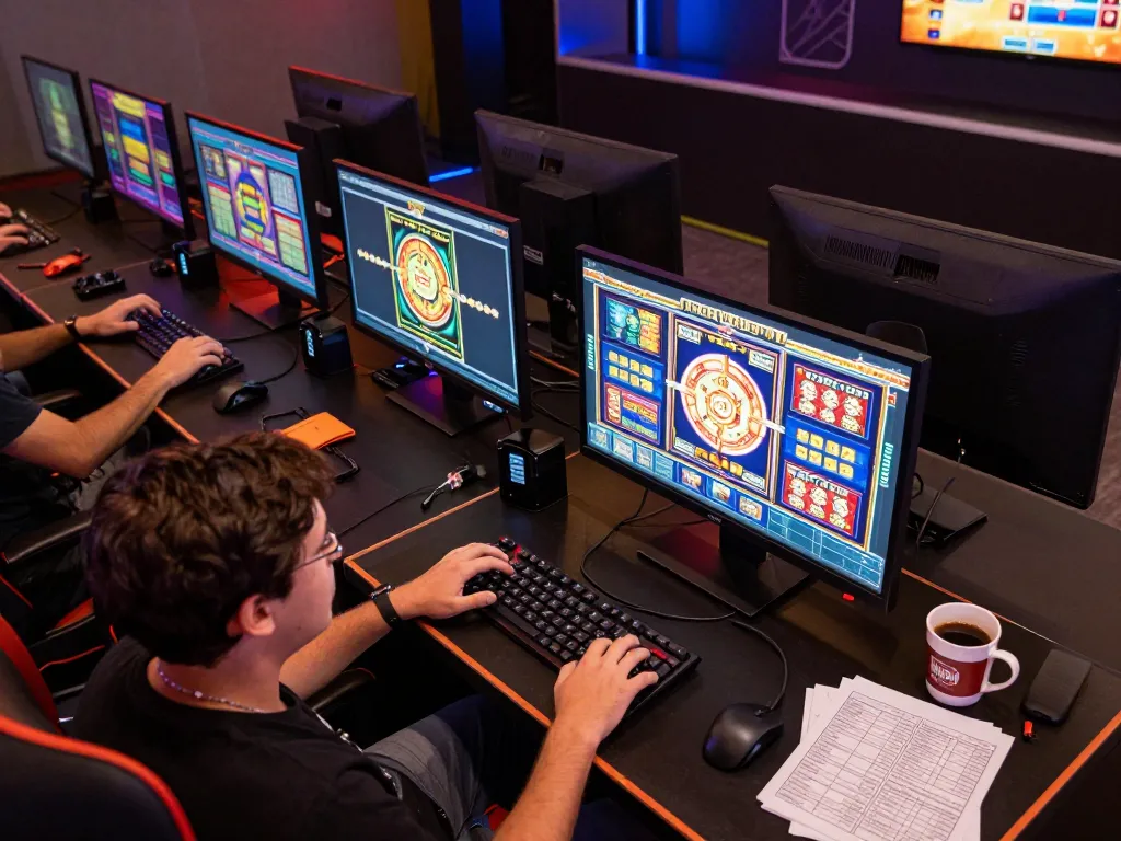 Engaging in situs slot gameplay on multiple screens, showcasing vibrant graphics and winning notifications.