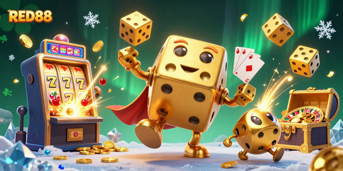 Engage with RED88's lively casino scene featuring golden dice and exploding slot machines.