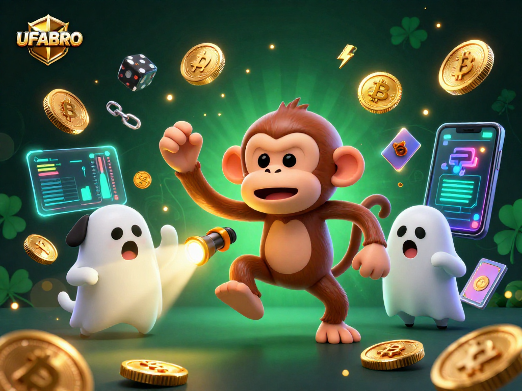 Experience the excitement of UFABRO with a mischievous monkey and ghost-hunter puppy in a lively casino scene.