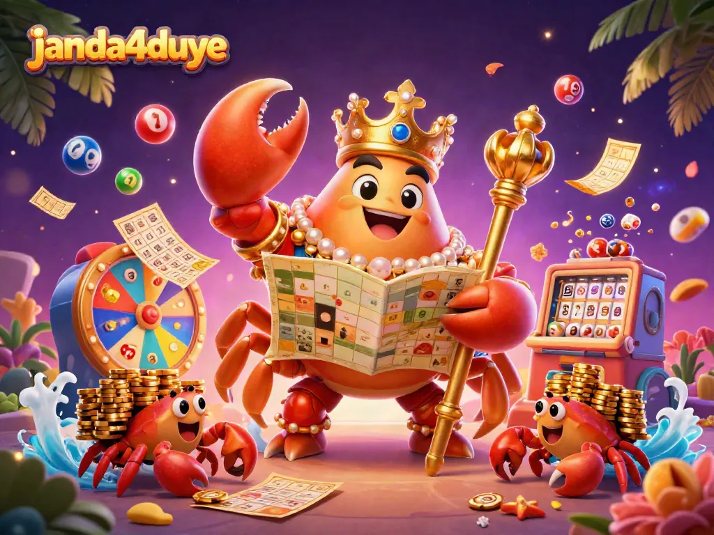 JANDA4DUYE menampilkan ilustrasi 3D kepiting emas raksasa yang memegang peta harta dan scepter, dikelilingi elemen lotere.