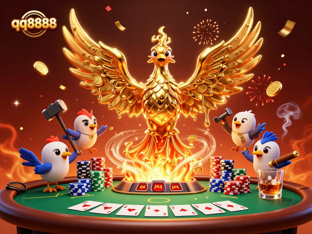 Experience vibrant casino excitement with qq8888's golden phoenix and festive poker scene.