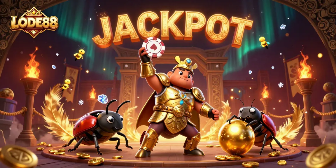 Experience LODE88's thrilling jackpot moment with vibrant beetles in an exciting casino arena.
