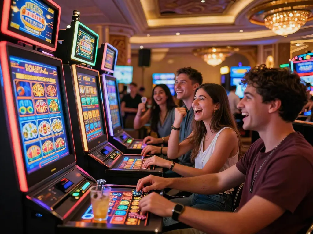 Exciting casino scene with friends playing akunjp slot machines, vibrant atmosphere.