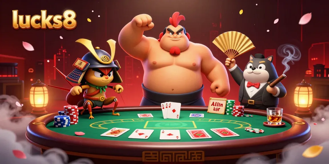 Experience the thrill of lucks8 with a dynamic poker scene featuring colorful chips and characters.