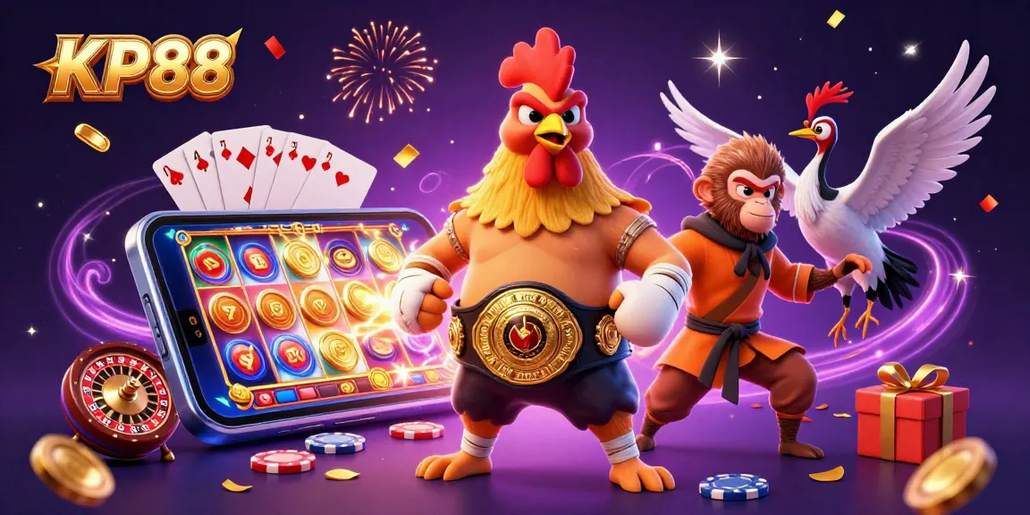 Engaging KP88 gameplay scene showcasing a Muay Thai rooster, Shaolin monkey, and crane master surrounded by dynamic casino elements.