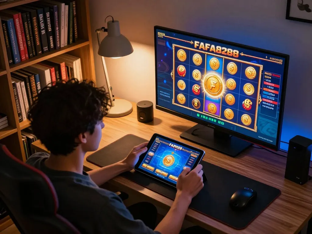 ผู้เล่น FAFA828 สนุกกับเกมสล็อตบนแท็บเล็ตในชุดตั้งค่าเกมที่บ้านที่อบอุ่น