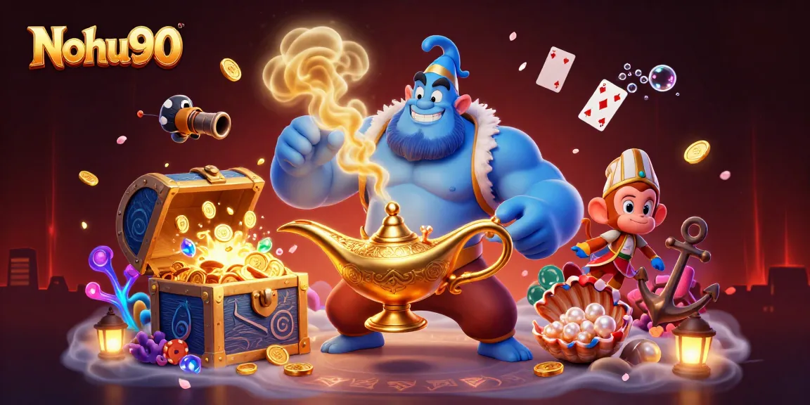 Nohu90 unleashes excitement with a genie, monkey, and poker chips in a vibrant casino scene.