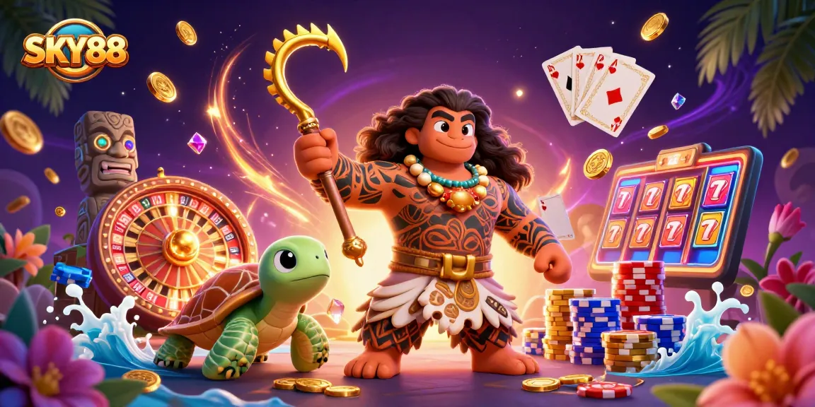 Engage in casino fun with SKY88's vibrant 3D illustration featuring a demigod and enchanting game elements.