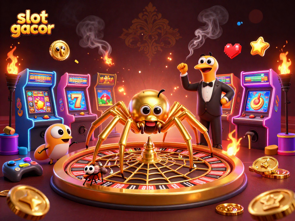 Engage with slot gacor as a golden spider spins a roulette wheel web in this dynamic casino illustration.