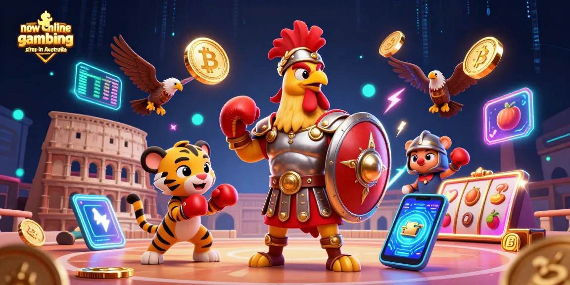 Experience vibrant energy at new online gambling sites in Australia illuminated by neon coins and captivating characters.
