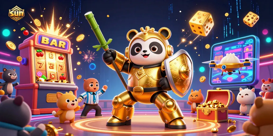 Experience thrilling casino action with the sun-themed panda mech and colorful game elements.