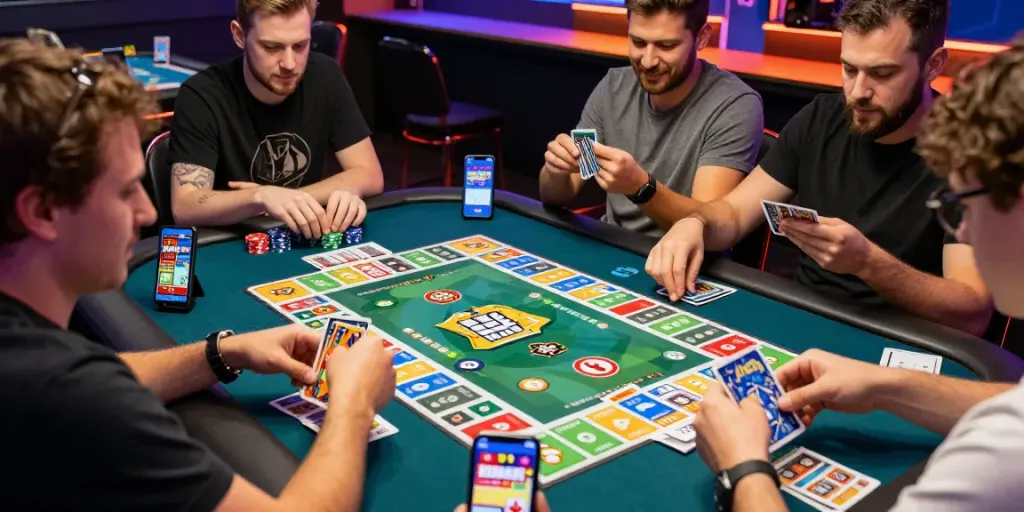 Engaged players enjoying Rumble Rummy gameplay on mobile devices in vibrant gaming setting.