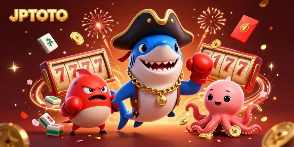 Permainan slot JPTOTO dengan karakter kartun laut yang penuh koin emas dan kemeriahan festival.