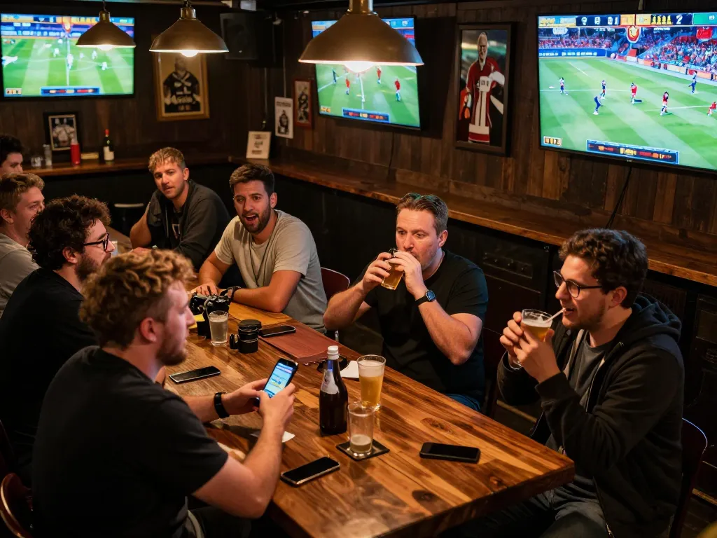 Excited patrons engaging in sports betting at the bar while using zx88 app on smartphones