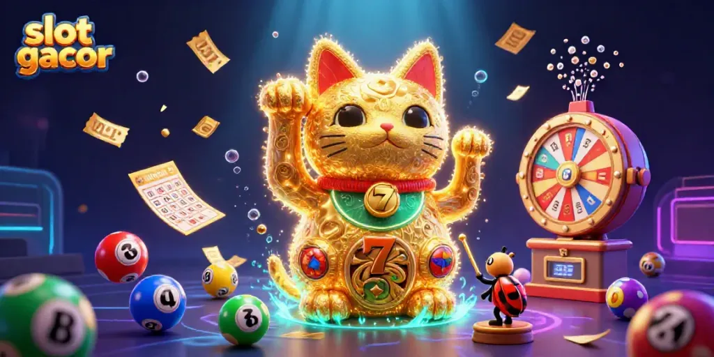 Engaging scene showcasing slot gacor themes with a lucky cat, vibrant casino symbols, and dynamic elements.